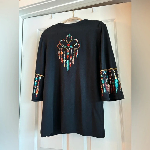 Bob Mackie Wearable Art Sweater Womens L Black Button Up Dream Catcher Feather L - Picture 2 of 3